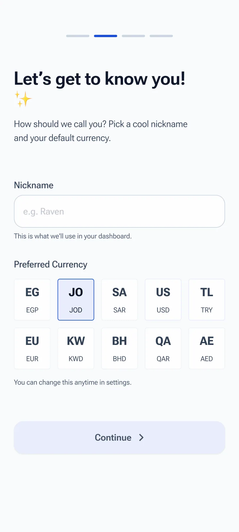 Onboarding 2: nickname and currency