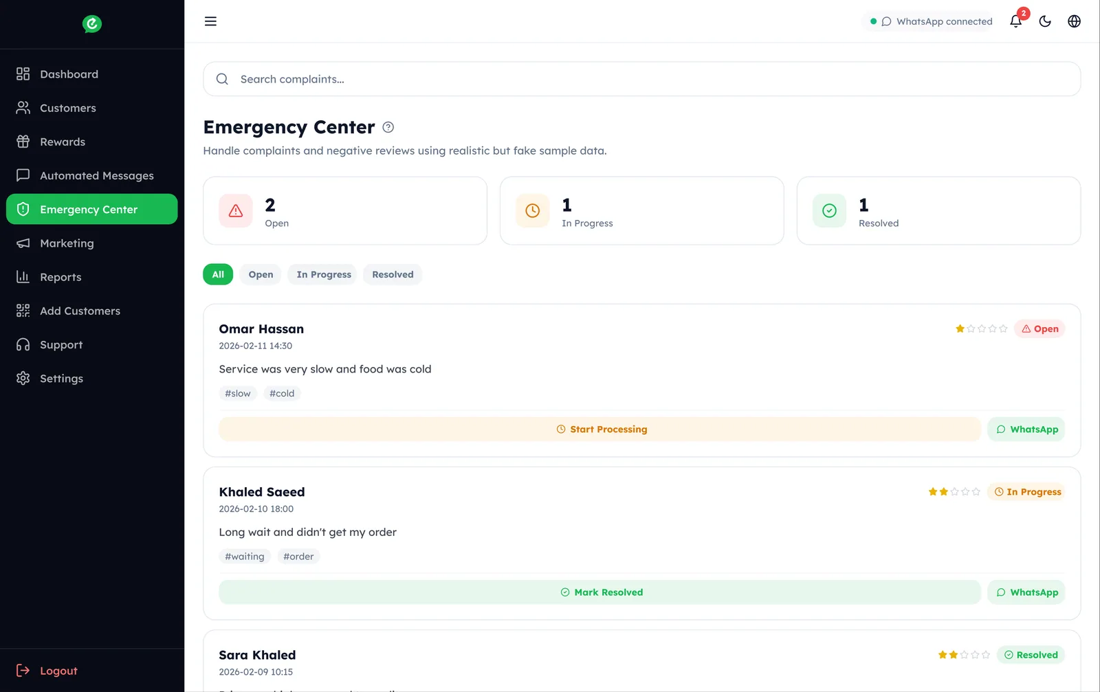 Emergency Center: open, in progress and resolved, with a private WhatsApp reply.