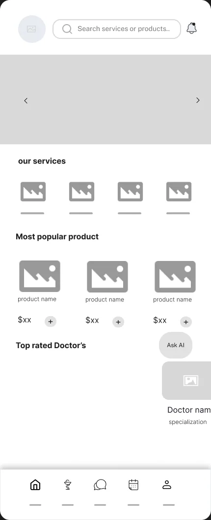 Low-fidelity wireframe of the home screen