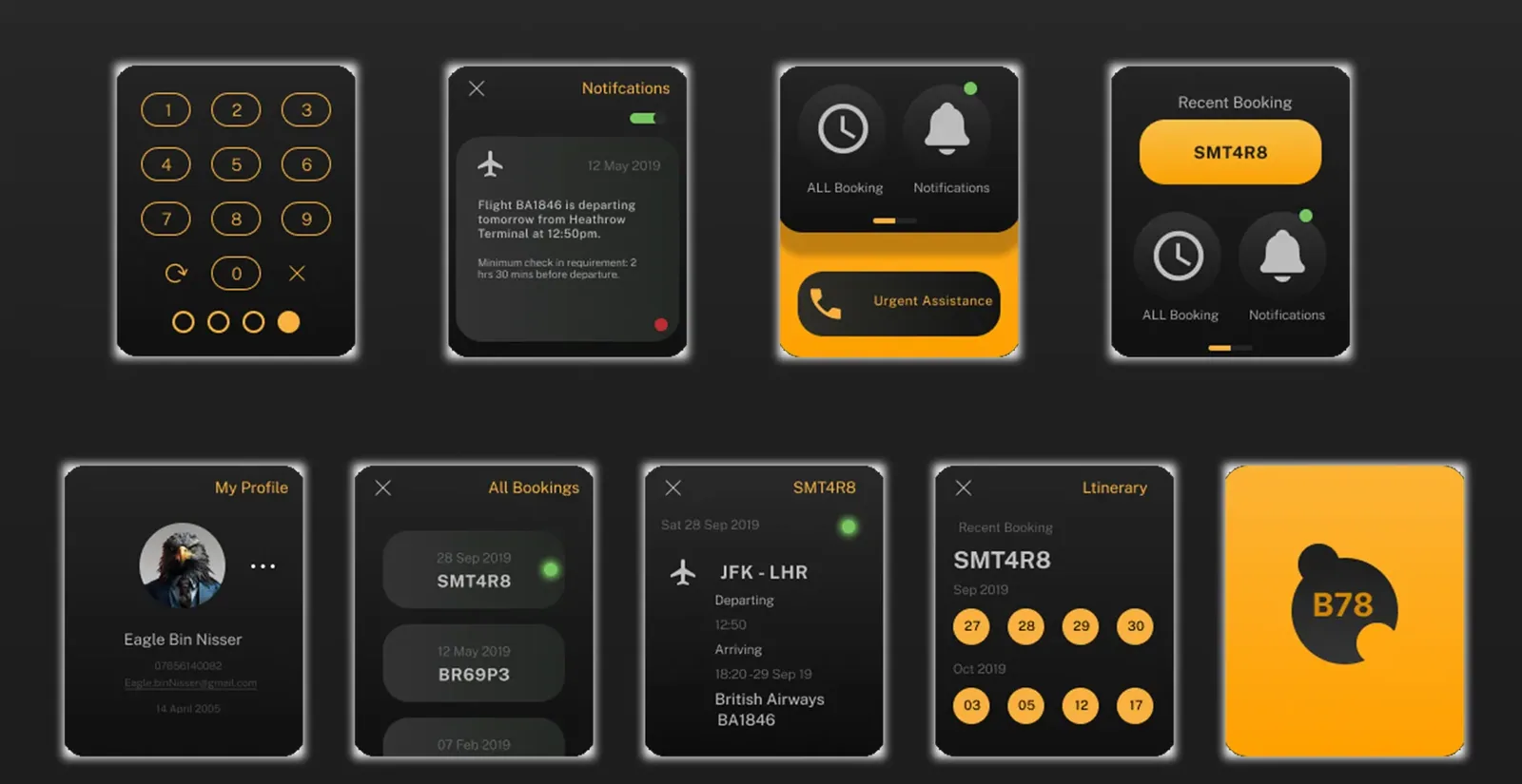 All watch screens: passcode, notifications, home, recent booking, profile, bookings, flight details, itinerary.